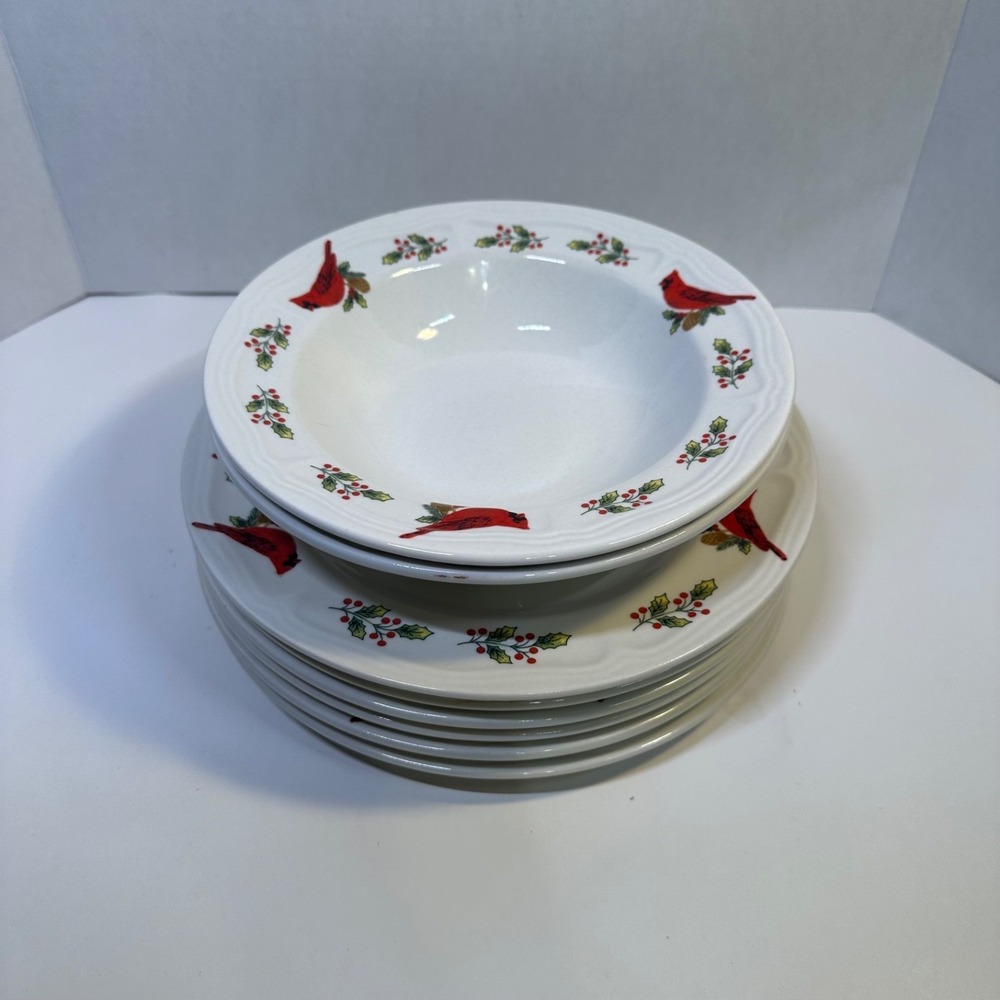 Gibson Cardinal Winter Bird Christmas Soup Bowls and Plates Set of 8 Century